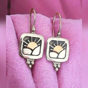 Sterling Silver 14K Yellow Gold Framed Sunrise Wire Hook Earrings